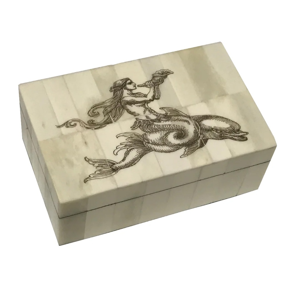 Mermaid on Dolphin 5" Scrimshaw Bone Box