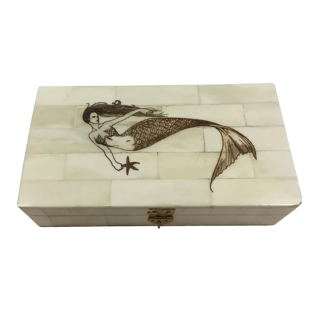 Mermaid Collecting Sea Stars 6" Scrimshaw Bone Box