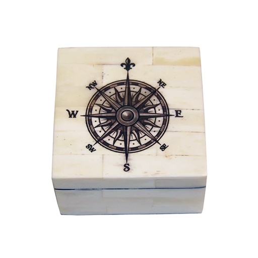 [6662Y] Etched Compass Rose Vintage 3" Scrimshaw Bone Box