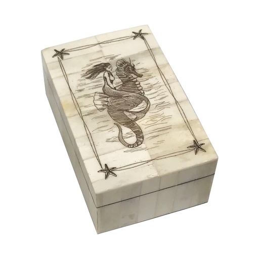 [6654K] Seahorse and Mermaid 5" Scrimshaw Bone Box